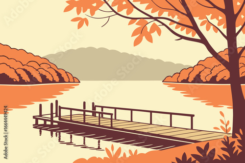 A quiet pier extends into the waters of a Kentucky lake, framed by rolling hills and autumn leaves, modern flat illustration style.