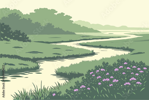 A Rhode Island salt marsh edged with blooming beach pea glows lavender in the early morning haze