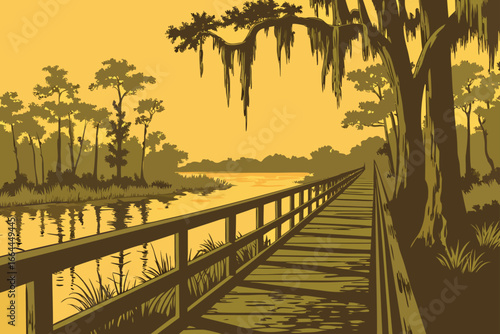 A rustic boardwalk stretches over a quiet bayou in Louisiana beneath golden evening light and cypress trees draped in moss