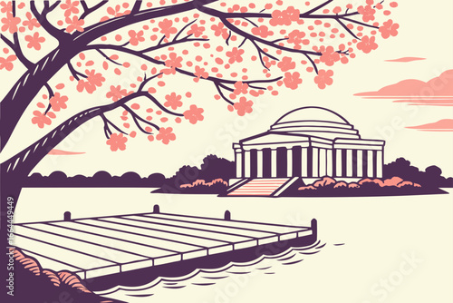 A rustic dock rests on a peaceful Washington D.C. tidal basin at sunrise, with cherry blossoms in full bloom, modern flat illustration style.