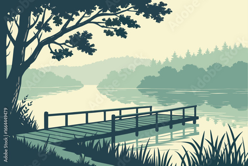 A rustic dock stretches over a peaceful Pennsylvania lake at sunrise, with mist hovering above the water, modern flat illustration style.
