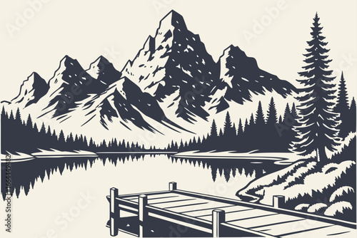 A rustic dock stretches into a Wyoming mountain lake, with reflections of jagged peaks and pine forests, modern flat illustration style.