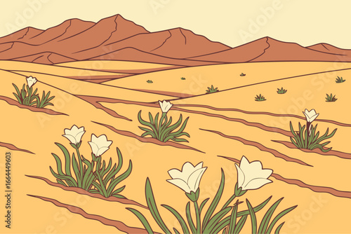 A vast Utah desert plain dotted with blooming sego lilies glows softly in the first light of day