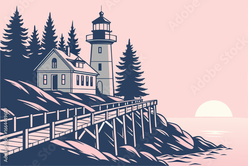 A weathered pier juts into the calm waters of Maine’s coast under a soft pink sunrise, surrounded by pine trees, modern flat illustration style.