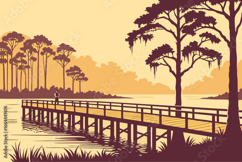 A weathered pier extends into an Alabama river at golden hour, surrounded by cypress trees and glowing light, modern flat illustration style.