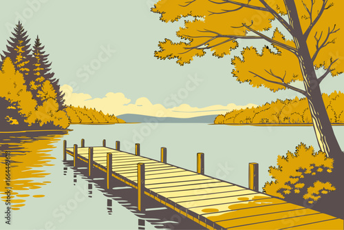 A weathered pier extends into a New York Adirondack lake, framed by golden autumn trees and calm skies, modern flat illustration style.