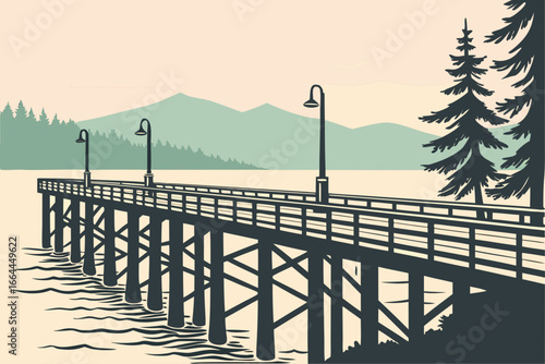 A weathered pier extends over calm Washington waters under pastel skies, framed by distant mountains and evergreens, modern flat illustration style.