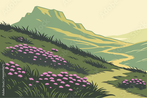 A cool Alaska tundra dotted with purple saxifrage blooms glows faintly in the gentle light of sunrise