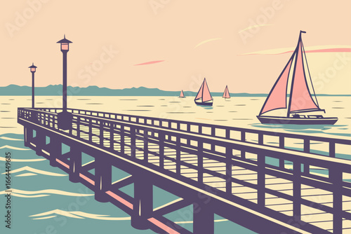 A faded pier stretches into a Rhode Island harbor beneath a pastel evening sky and colorful sailboats, modern flat illustration style.