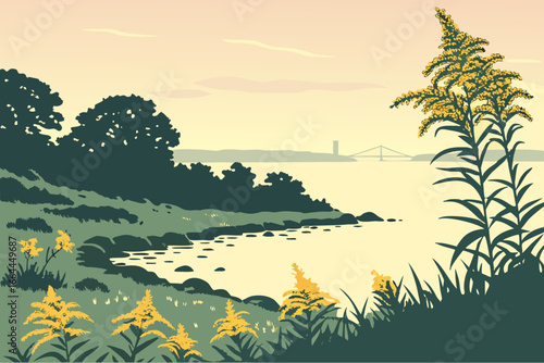 A Connecticut shoreline edged with blooming seaside goldenrod awakens under the soft pastel sky of dawn