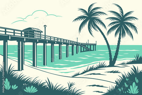 A faded wooden pier meets the turquoise waters of Florida’s Gulf Coast, framed by palm trees and white sand, modern flat illustration style.