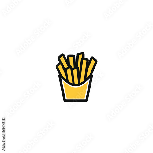 Golden french fries in yellow carton, ready to eat.