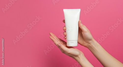 Two hands hold a white tube of lotion in front of a pink background