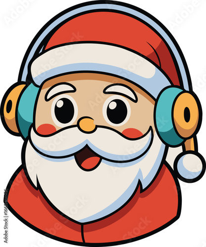 Cartoon Santa Claus With Headphones Listening to Holiday Music