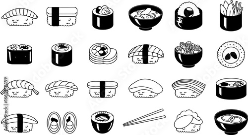 A delightful collection of various sushi and Japanese food illustrations, presented in a clean, graphic style.