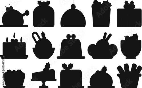 Collection of diverse dessert silhouettes, showcasing cakes, puddings, and sweet treats