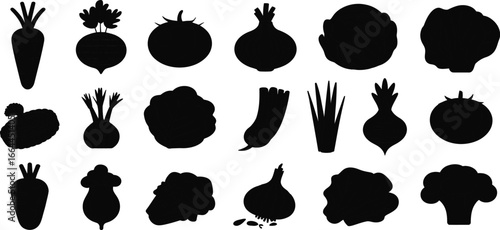 Collection of fresh vegetable silhouettes against a clean white background