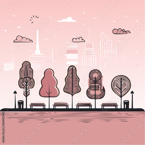 Peaceful city park promenade with benches and unique trees against a pink cityscape background. A modern urban landscape concept