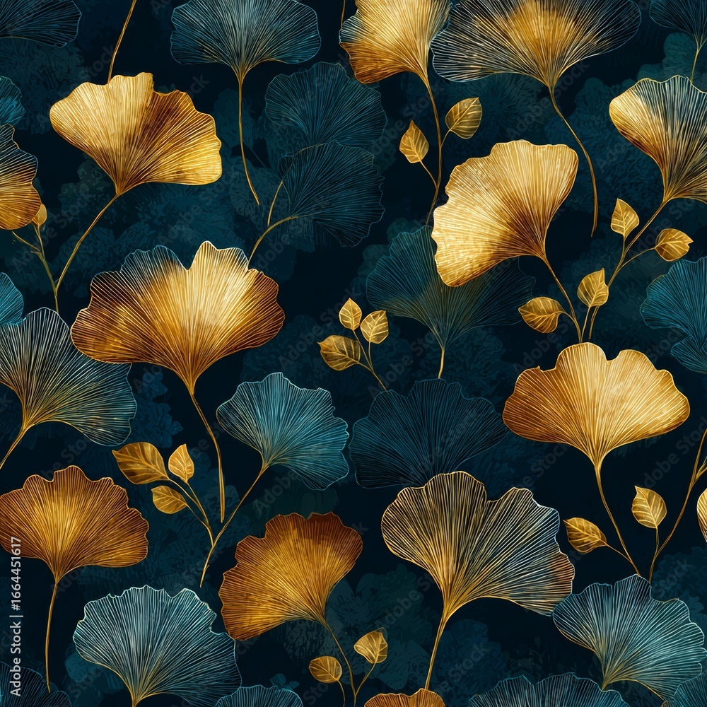 custom made wallpaper toronto digitalA luxurious, seamless pattern of stylized ginkgo leaves with a sophisticated blend of textured dark teal and glowing gold, arranged artistically on a deep blue background.