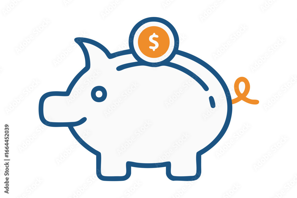 Simple line art icon of a piggy bank with a coin and dollar sign Simple line art icon of a piggy bank with a coin and dollar sign