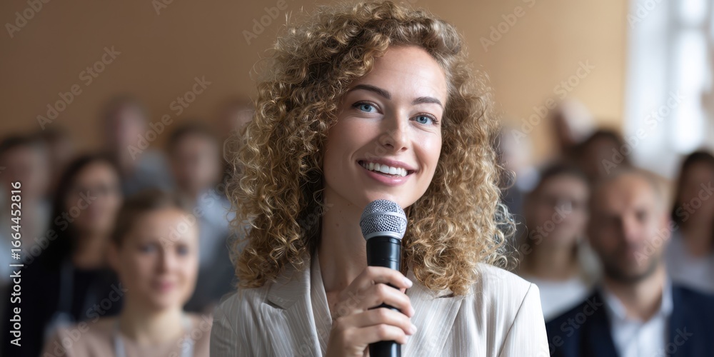 Fototapeta premium The Woman Speaker Engaging an Attentive Audience During a Professional Conference Presentation