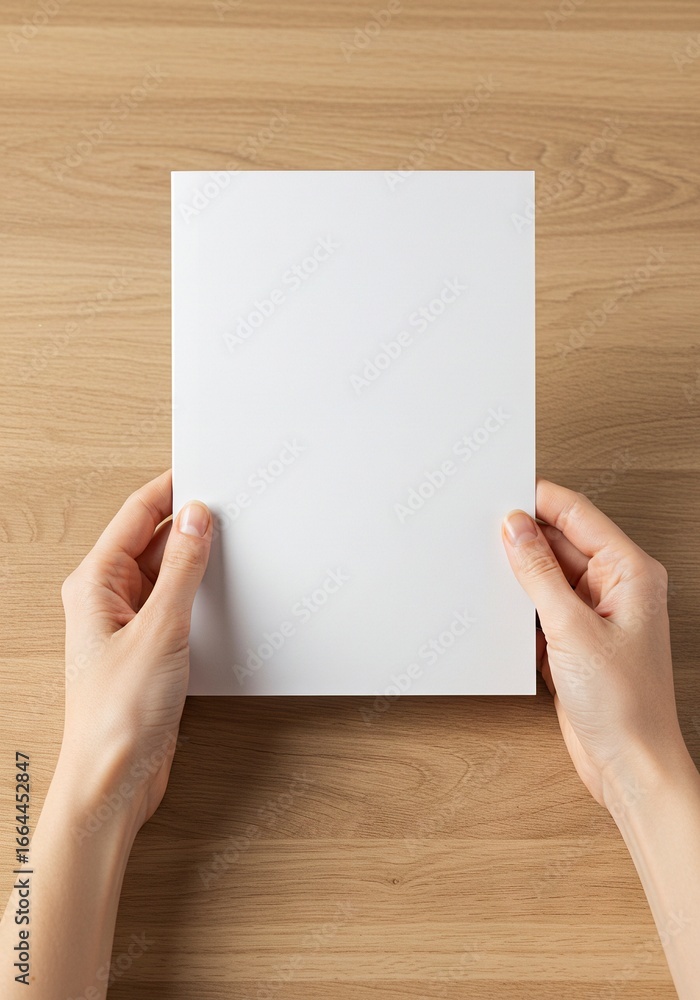 Fototapeta premium Two hands hold a blank white paper sheet on a wood surface