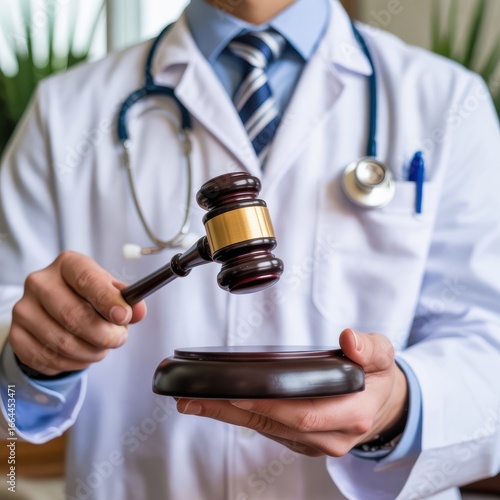 Doctor in a white coat holding a gavel, representing legal aspects in healthcare and medical malpractice