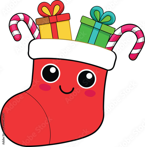 Red Christmas Stocking with Gifts and Candy Cane in Cute Cartoon Style