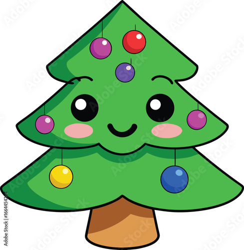 Cute Smiling Christmas Tree Illustration With Decorations 