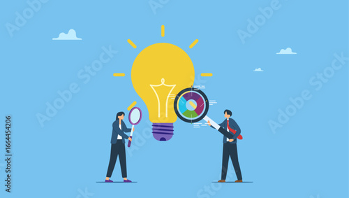 Business people with magnifier analyze lightbulb idea. Business viability checking, feasibility study by market research to see possibility to success, evaluate profitable of business idea.