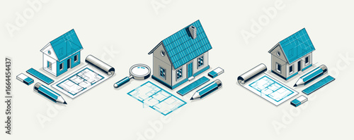 Cottage house for rest project concept set, 3D isometric vector illustration of a small house building project, countryside small house cabin in village or nature.