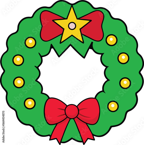 Colorful Holiday Wreath With Stars, Red Bow, and Green Garland