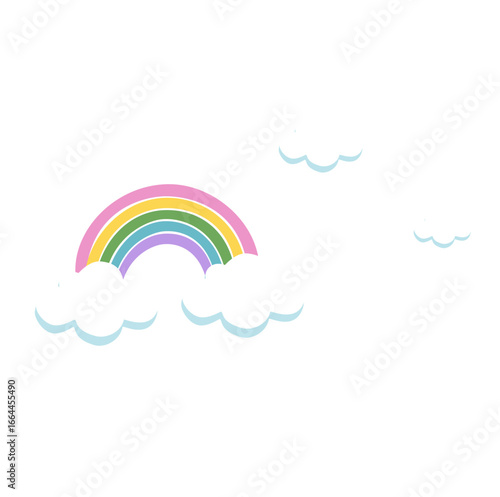 Cute pastel rainbow with fluffy clouds in a kawaii style.