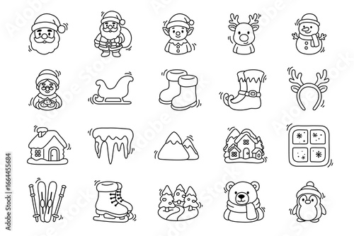 A collection of 20 charming hand drawn Christmas icons featuring Santa elves reindeer snowmen and winter scenery Perfect for cards websites or festive projects