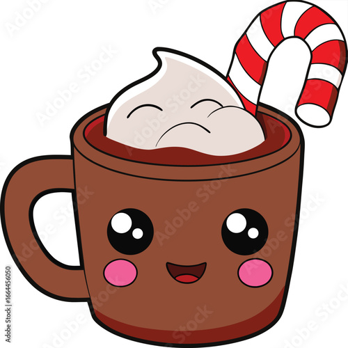 Cute Kawaii Hot Chocolate Mug with Candy Cane and Whipped Cream