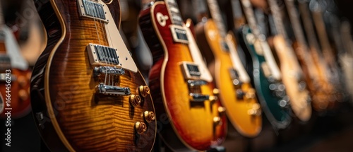 The Electric Guitars Lined Up in a Warmly Lit Vintage Music Store Display