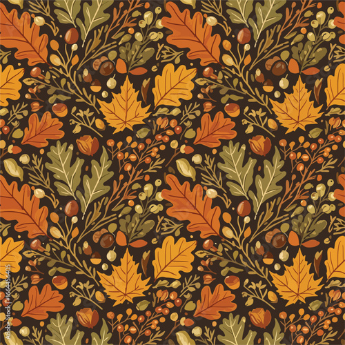 Seamless Pattern, Fall foliage pattern featuring oak leaves berries and acorns in warm colors Stock royalty free