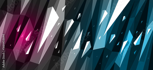 Low poly background with particles debris in motion and color spotlights vector design, 3D dynamic surface with debris explosion, triangular elements flying over polygonal backdrop.