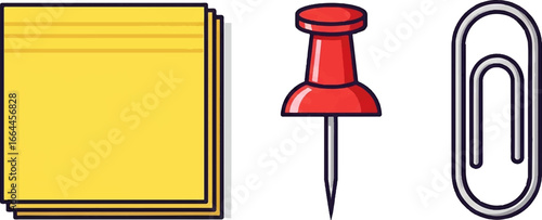 Bright yellow sticky notes, a red pushpin, and a silver paperclip create a vibrant, organized office supply collection