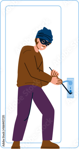 Masked burglar breaking into house using crowbar