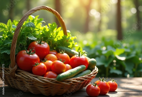 vibrant vegetables freshly harvested eco friendly bamboo basket lush organic garden fresh produce, fruit, greenery, nature, colorful, seasonal, herb