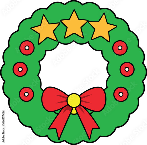 Colorful Holiday Wreath With Stars, Red Bow, and Green Garland