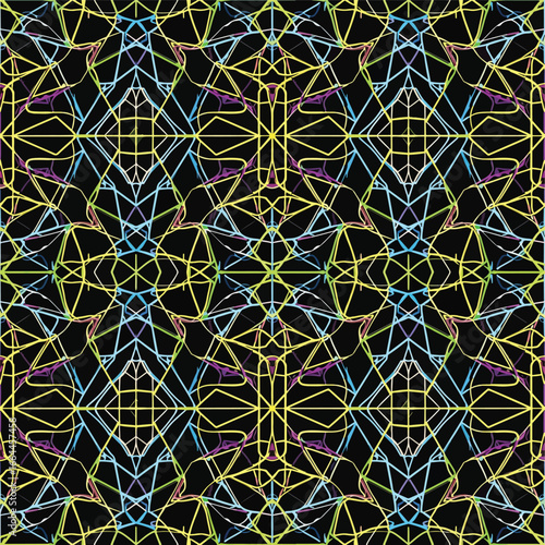 Seamless Pattern, Intricate geometric pattern with interwoven lines and vibrant pastel hues on black Stock royalty free image.