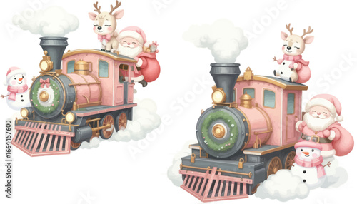 Watercolor Christmas trains with Santa reindeer and snowman illustration