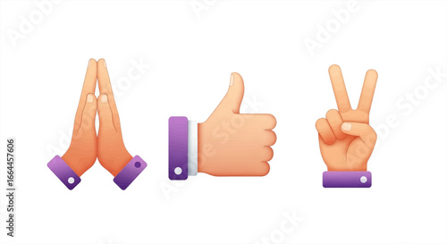 Three iconic hand gestures thumbs up, prayer, and peace sign convey positivity and approval