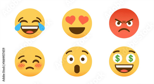 Expressive emoji collection captures joy love anger surprise and wealth in vibrant digital art