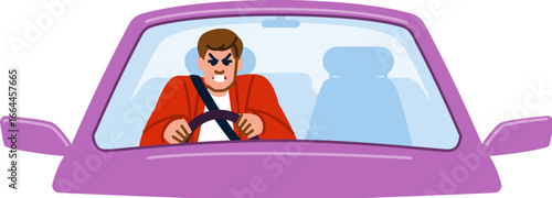 Angry driver holding steering wheel and driving car