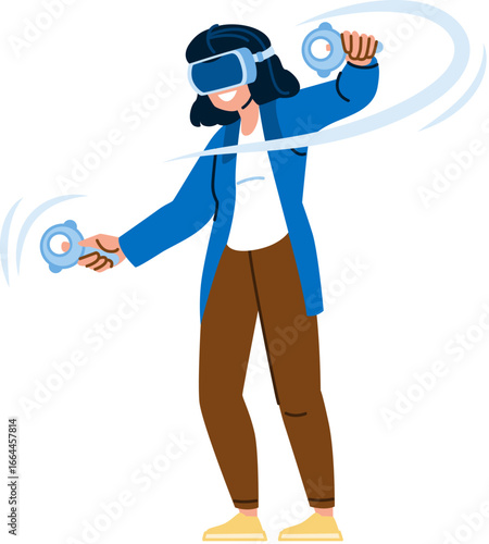 Woman exploring virtual reality using headset and controllers