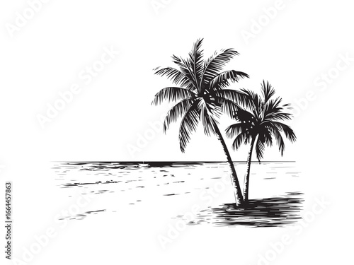 palm trees on the beach engraving outline vector art illustration design, palm tree silhouette, hand drawn beach drawing, line art palm tree, sea, beach, summer view, vintage palm tree on sea beach.
