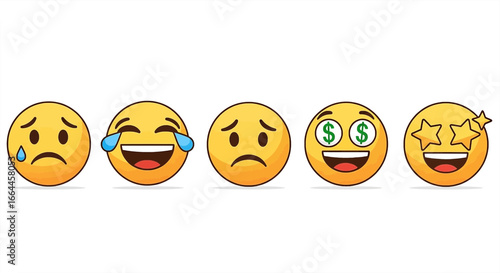 Expressive emoji faces capture a range of emotions from sadness to excitement, perfect for digital communication and design.